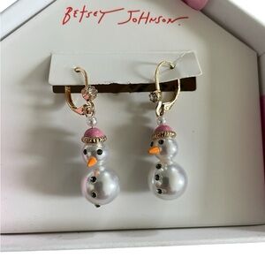 Betsey Johnson Pearl Snowman Earrings Dangle Crystal Pink Hat Jingle Bell Bling